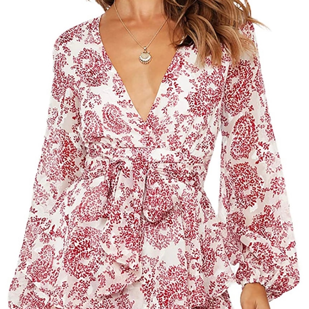 *SOLD* Women's Deep V-Neck Romper with Ruffle Hem - Picture 2 of 9